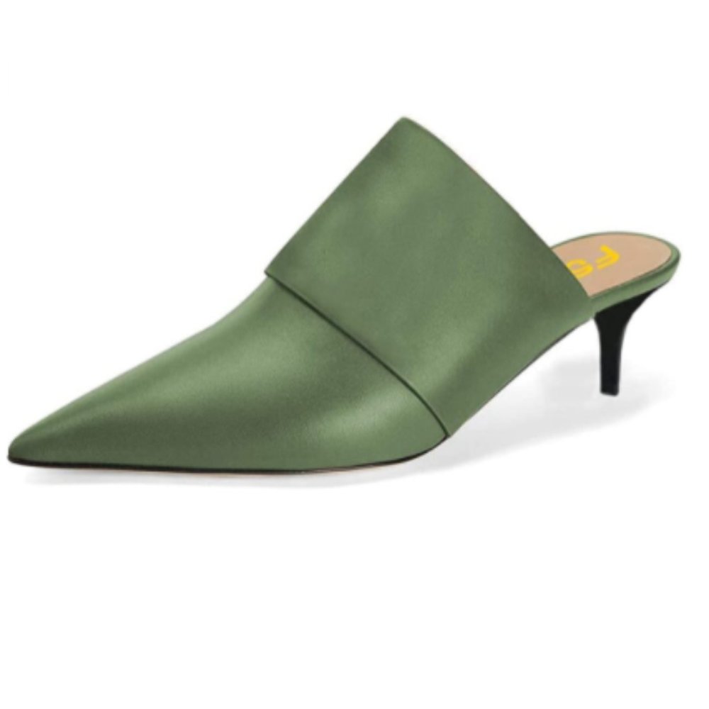 FSJ Green Pointed Closed Toe Kitten Low Heel Mules